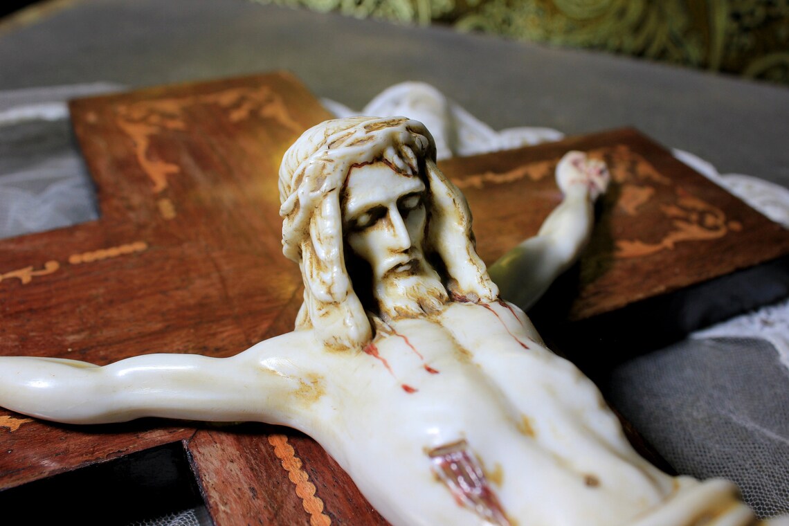 Antiguo Crucifijo, Cruz Madera, Crucifijo Alabastro, Arte Funerario, Crucifijo Mármol - Imagen 2