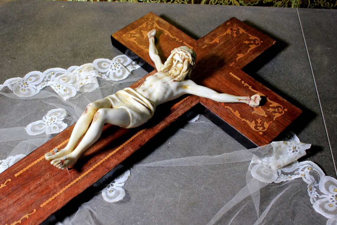 Antiguo Crucifijo, Cruz Madera, Crucifijo Alabastro, Arte Funerario, Crucifijo Mármol - Imagen 4