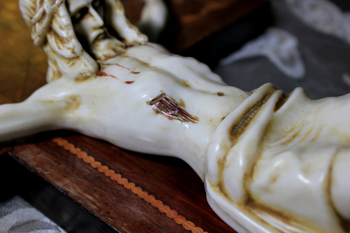 Antiguo Crucifijo, Cruz Madera, Crucifijo Alabastro, Arte Funerario, Crucifijo Mármol - Imagen 6