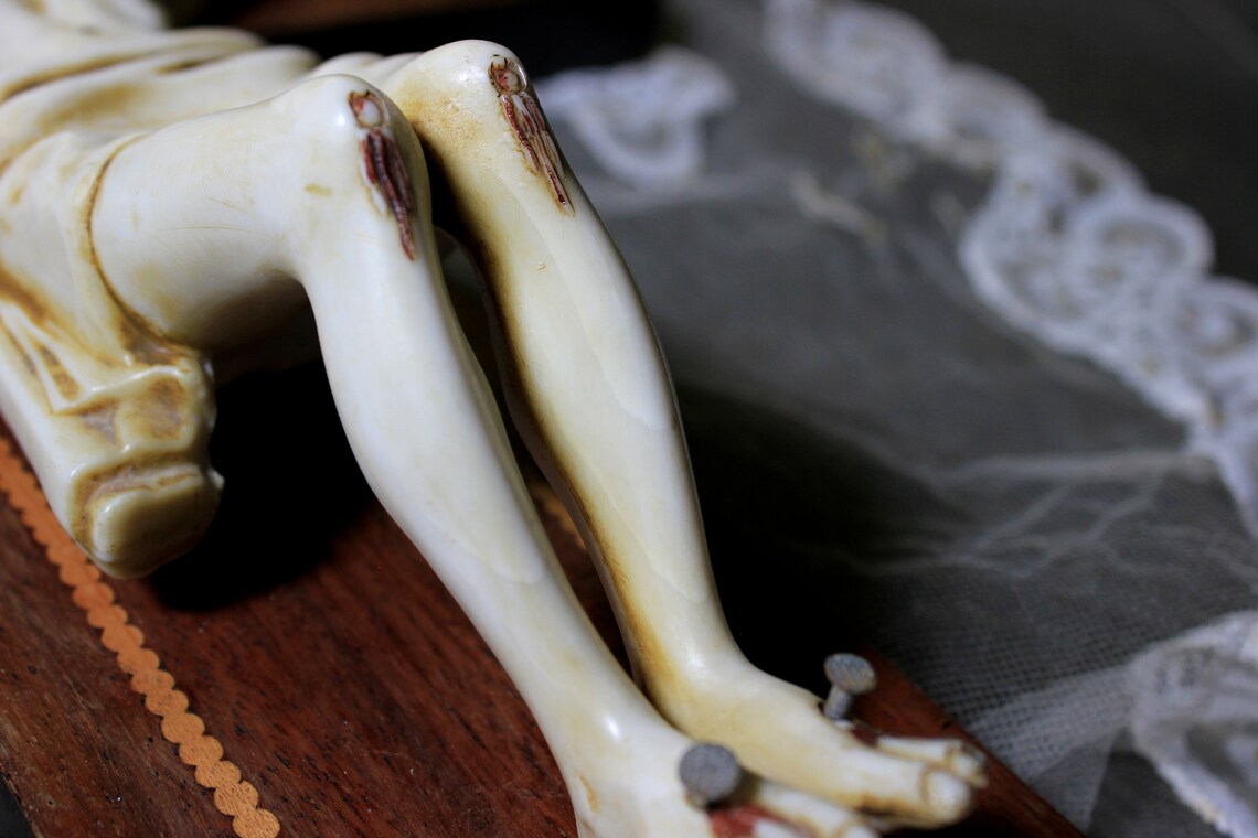 Antiguo Crucifijo, Cruz Madera, Crucifijo Alabastro, Arte Funerario, Crucifijo Mármol - Imagen 7