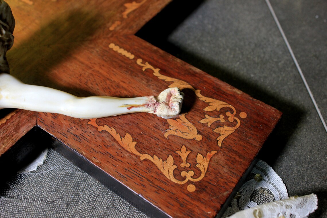 Antiguo Crucifijo, Cruz Madera, Crucifijo Alabastro, Arte Funerario, Crucifijo Mármol - Imagen 8