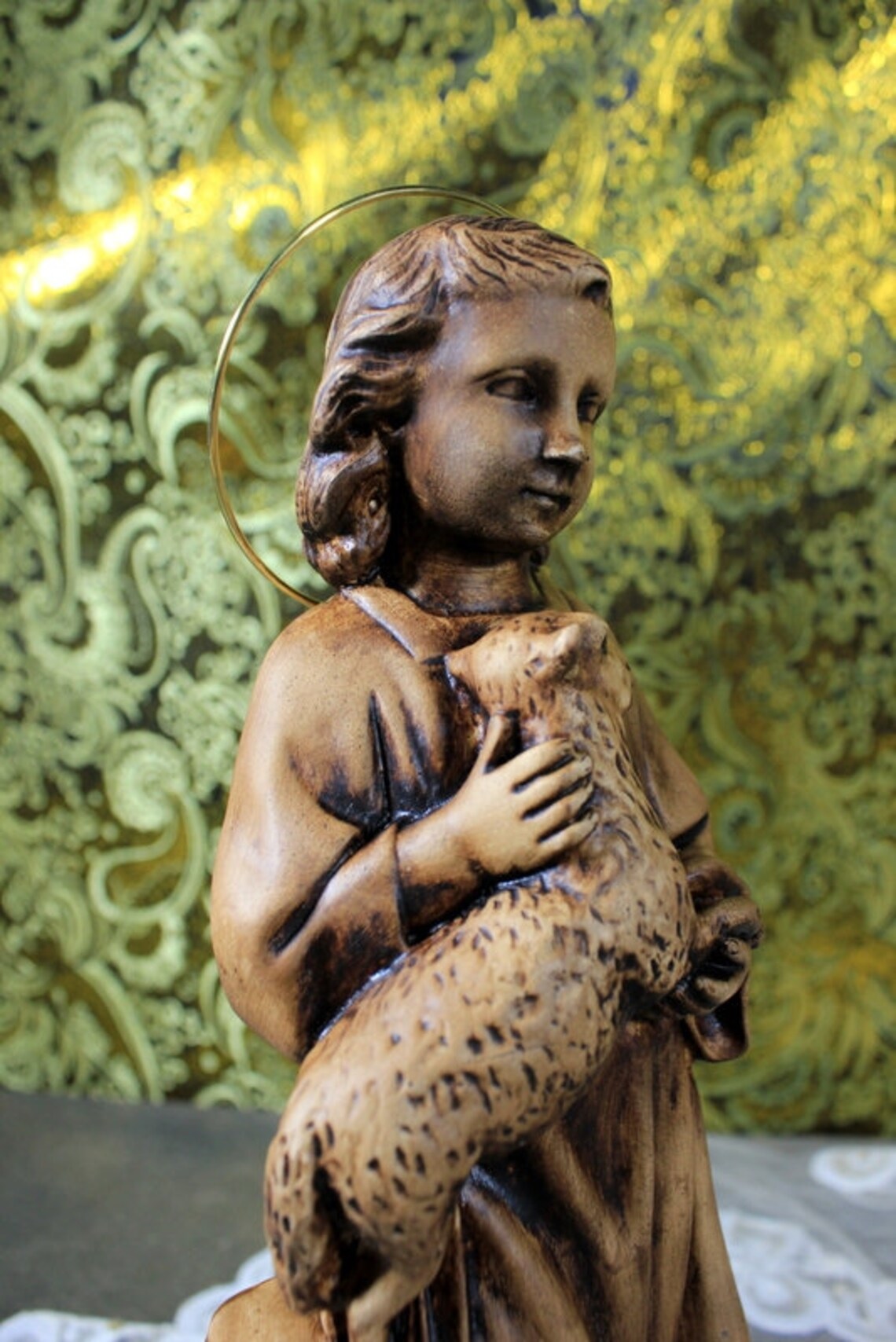 Niño San Juanito, Antiguo Niño con Cordero, Escultura El Buen Pastor, Escultura Escayola - Imagen 2