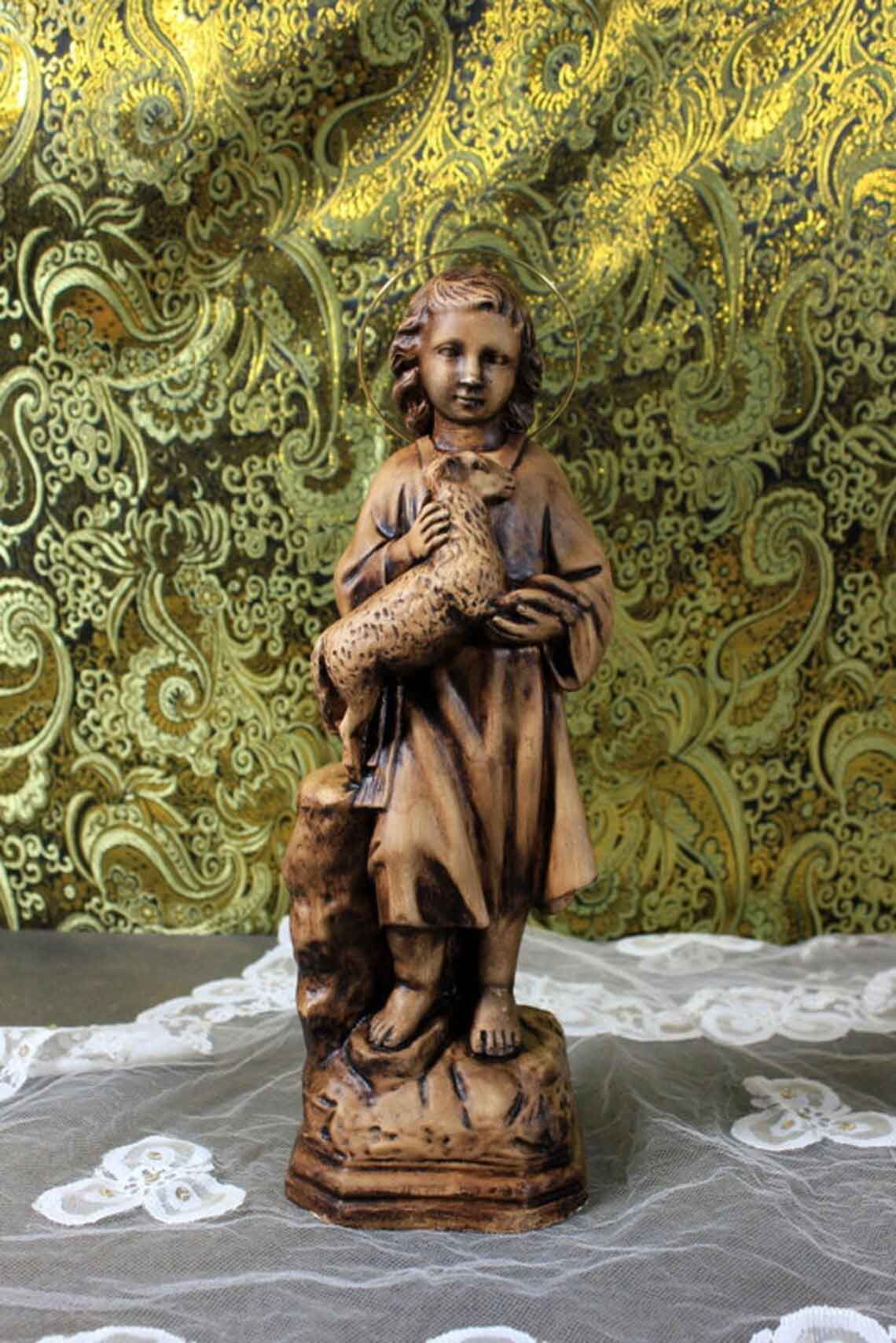 Niño San Juanito, Antiguo Niño con Cordero, Escultura El Buen Pastor, Escultura Escayola - Imagen 3