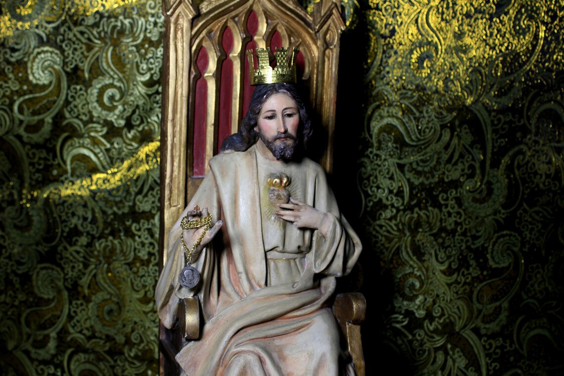 Gran Jesús en Trono, Escultura Jesucristo, Talla de Madera, Sagrado Corazón de Jesús - Imagen 3