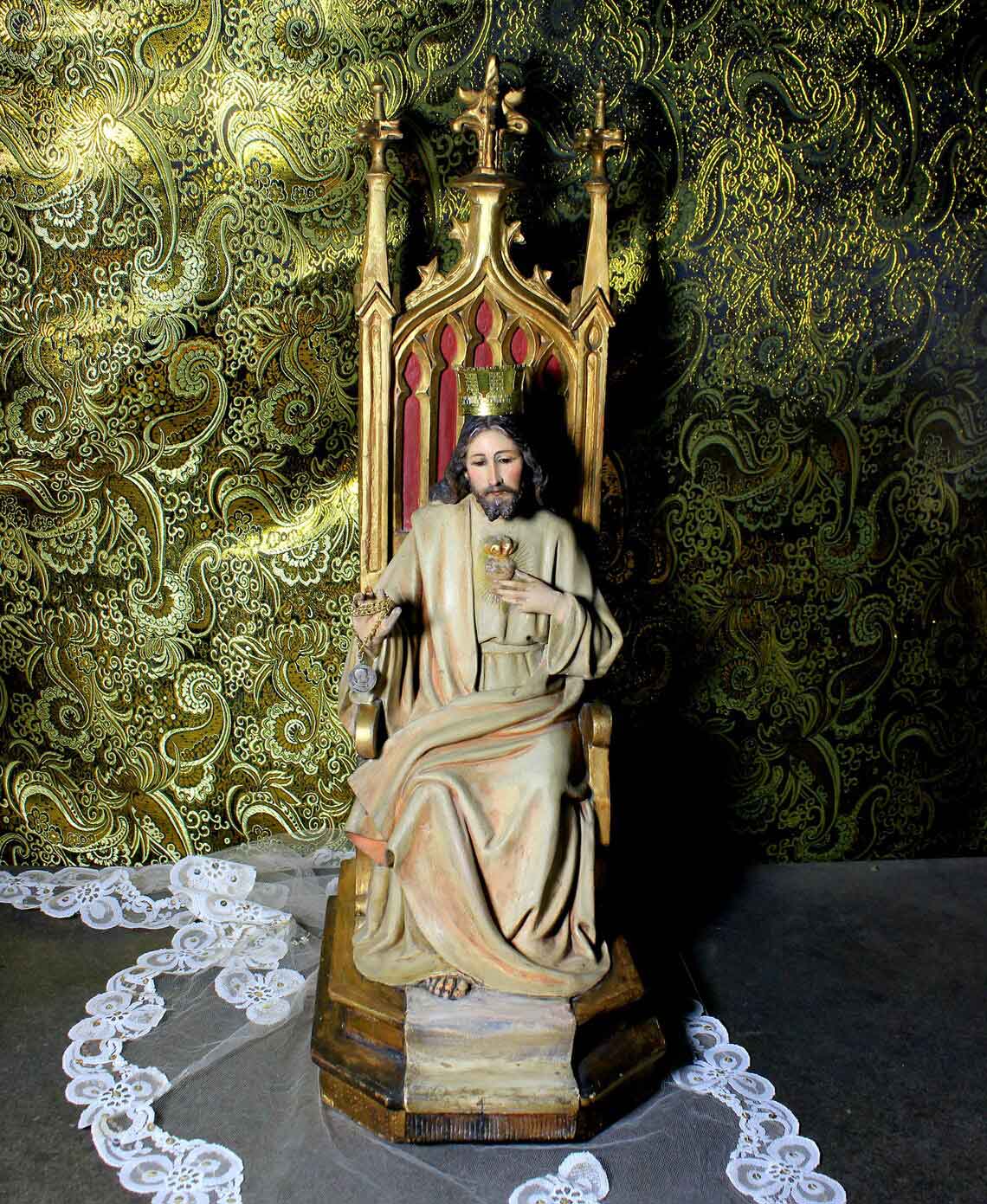 Gran Jesús en Trono, Escultura Jesucristo, Talla de Madera, Sagrado Corazón de Jesús - Imagen 4