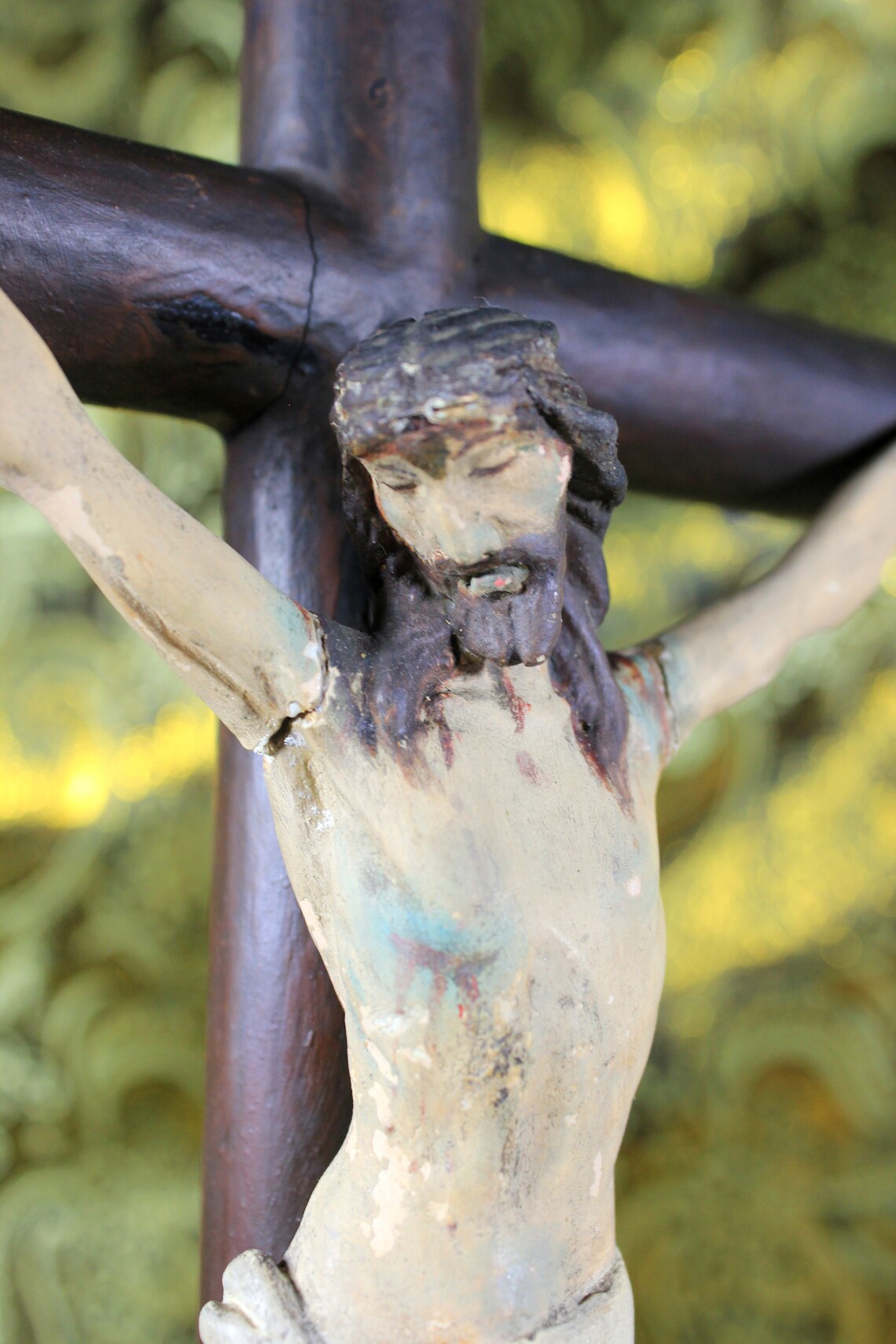 Crucifijo Madera, Talla Cristo, Antiguo Cristo Madera Policromado, Antigua Cruz de Mesa - Imagen 4