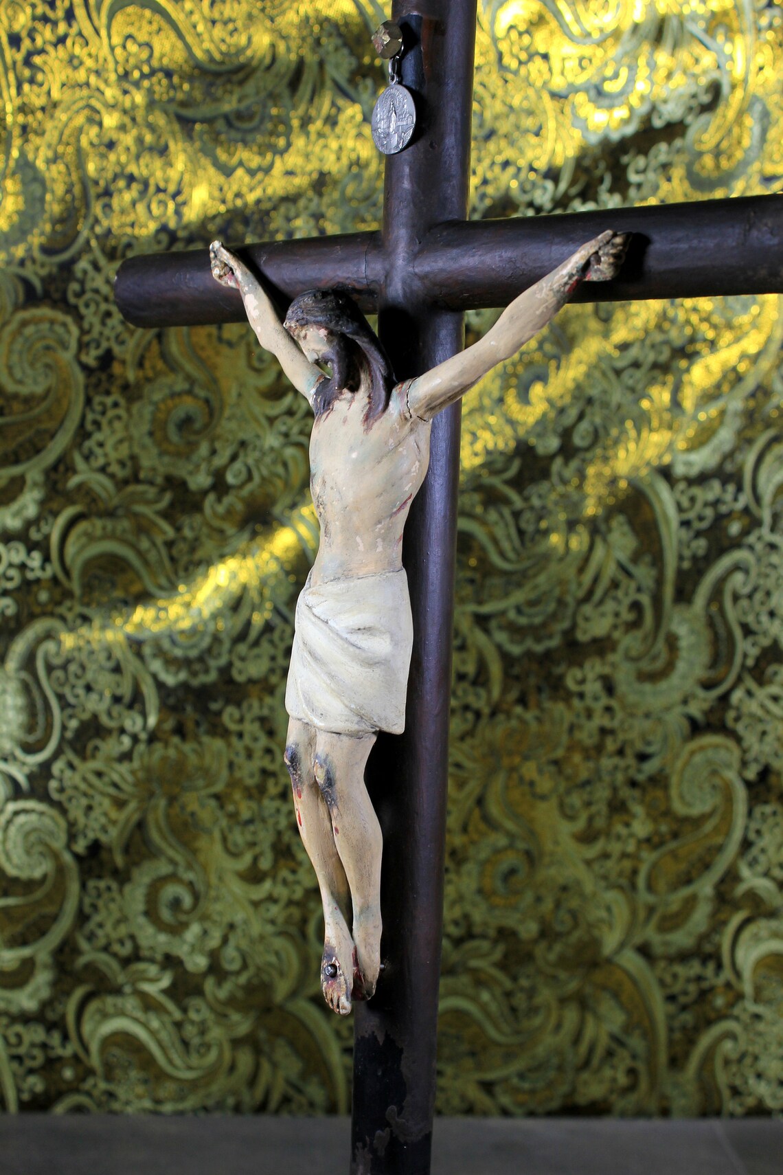 Crucifijo Madera, Talla Cristo, Antiguo Cristo Madera Policromado, Antigua Cruz de Mesa - Imagen 6