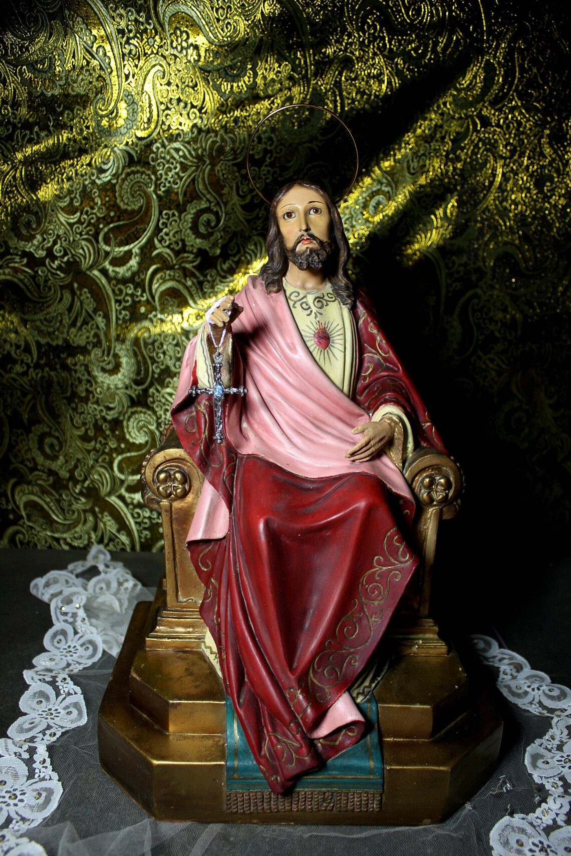Jesús en Trono Antiguo, Jesucristo Entronizado, Figura Religiosa, Sagrado Corazón de Jesús - Imagen 2