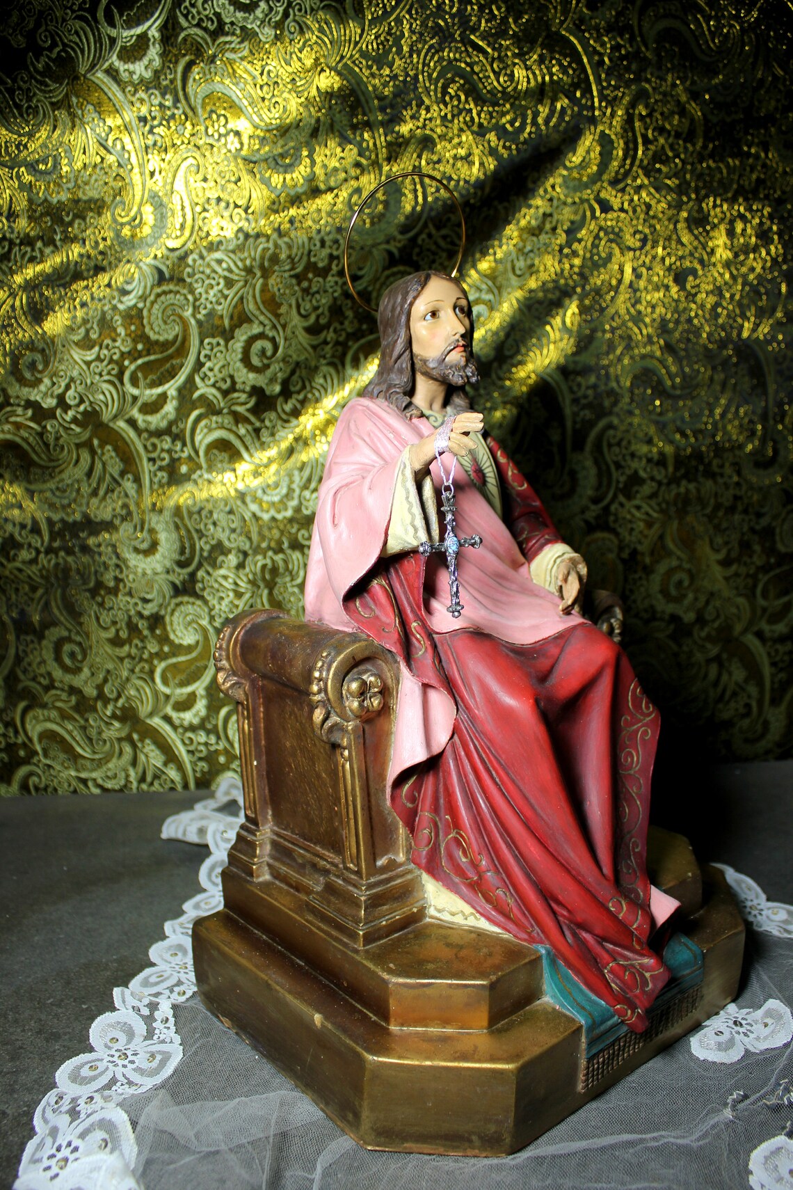 Jesús en Trono Antiguo, Jesucristo Entronizado, Figura Religiosa, Sagrado Corazón de Jesús - Imagen 3