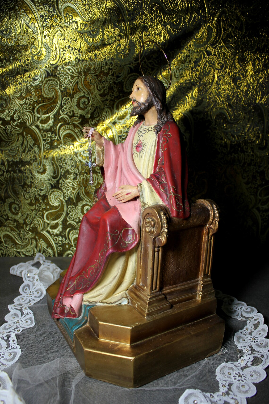 Jesús en Trono Antiguo, Jesucristo Entronizado, Figura Religiosa, Sagrado Corazón de Jesús - Imagen 4