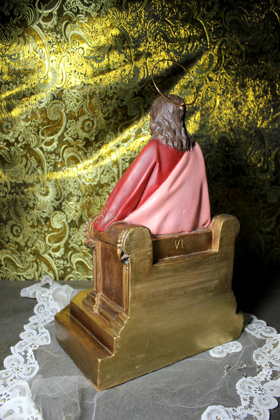 Jesús en Trono Antiguo, Jesucristo Entronizado, Figura Religiosa, Sagrado Corazón de Jesús - Imagen 6