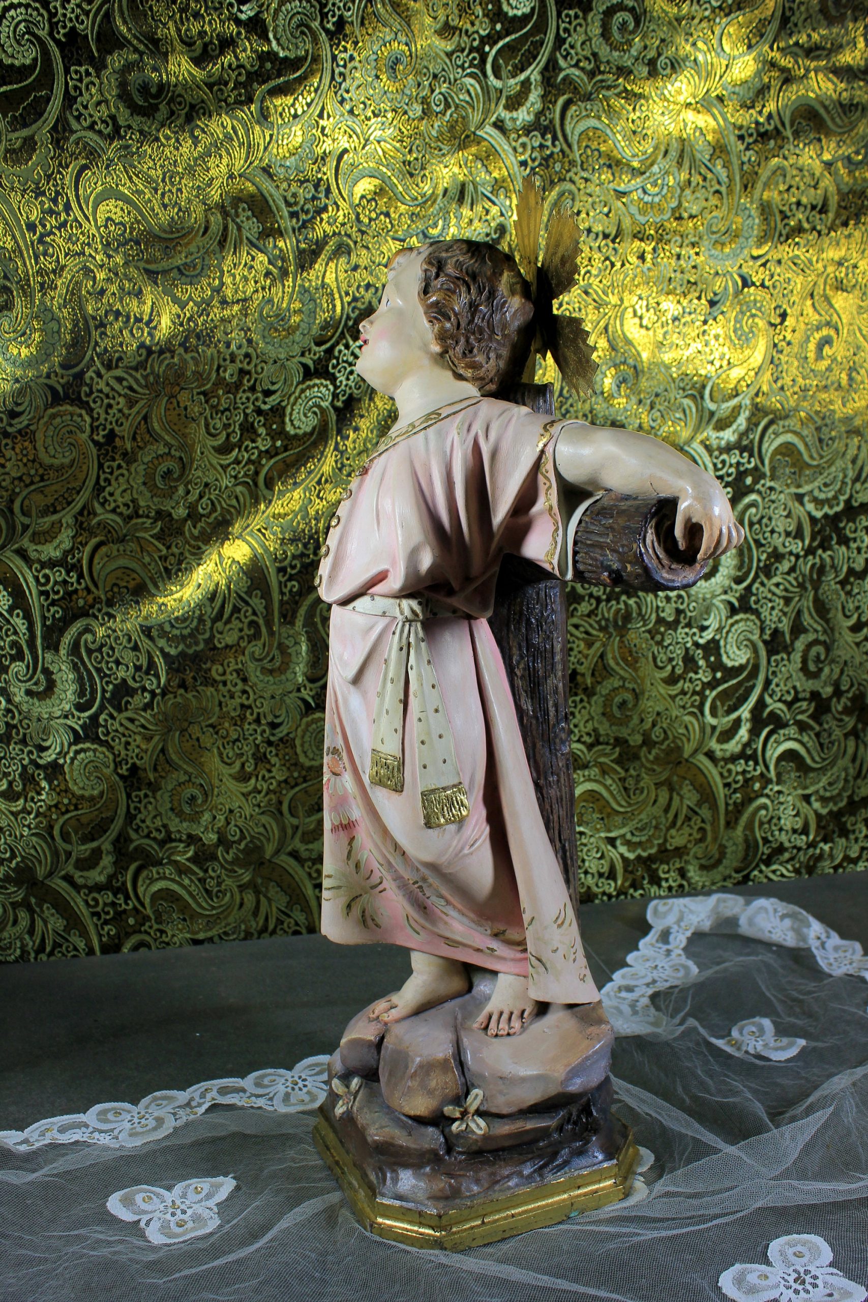 Antiguo San Juanito, Escultura Religiosa Santo, Antigua Escultura Juanito, Escultura Escayola, Niño Ojos Cristal, Niño Olot, Barcelona - Imagen 6