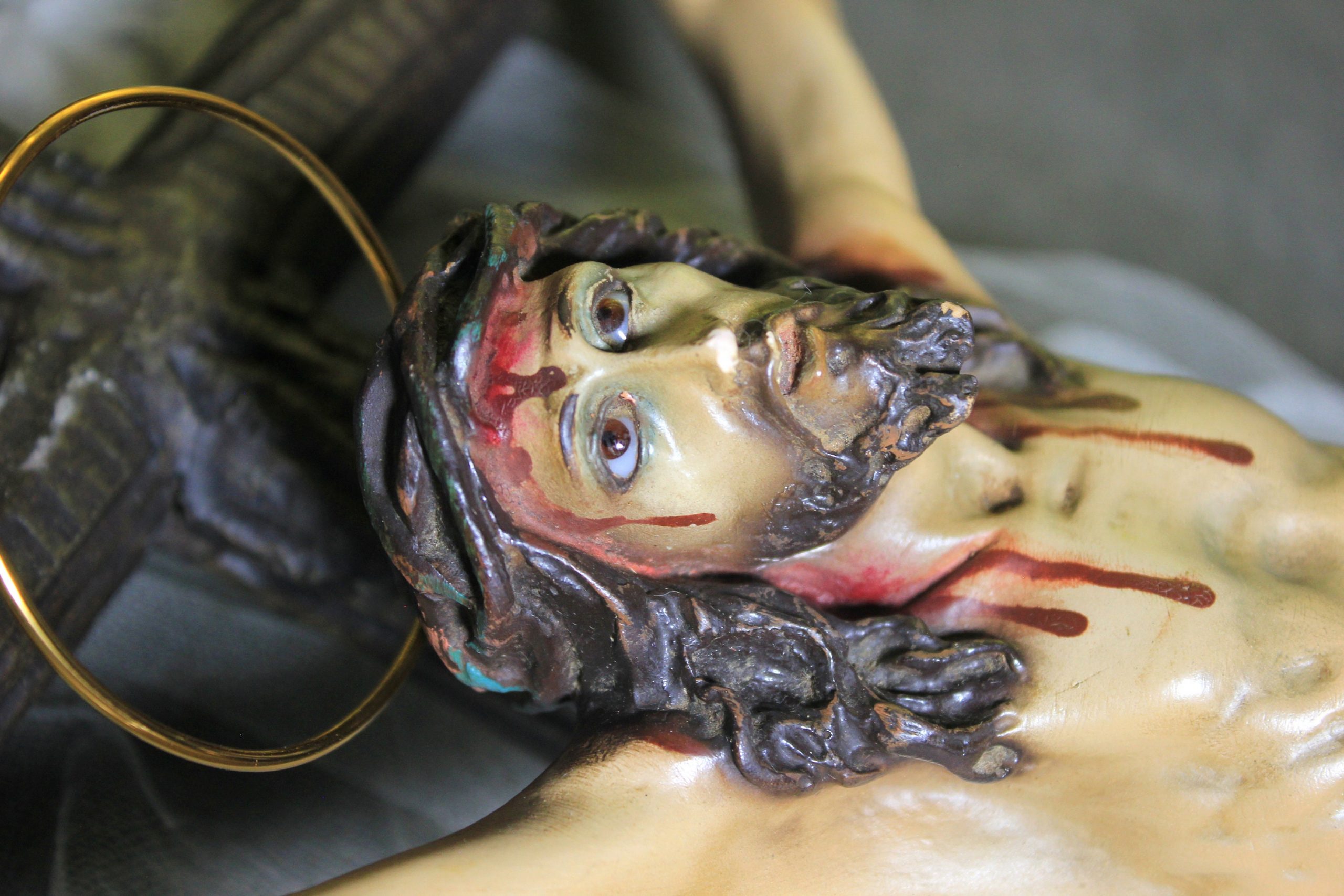 Gran Crucifijo de Cristo, Antiguo Crucifijo Escayola, Antigua Cruz Madera, Crucifijo Español, Crucifijo Cristiano, Ojos de Cristal - Imagen 5