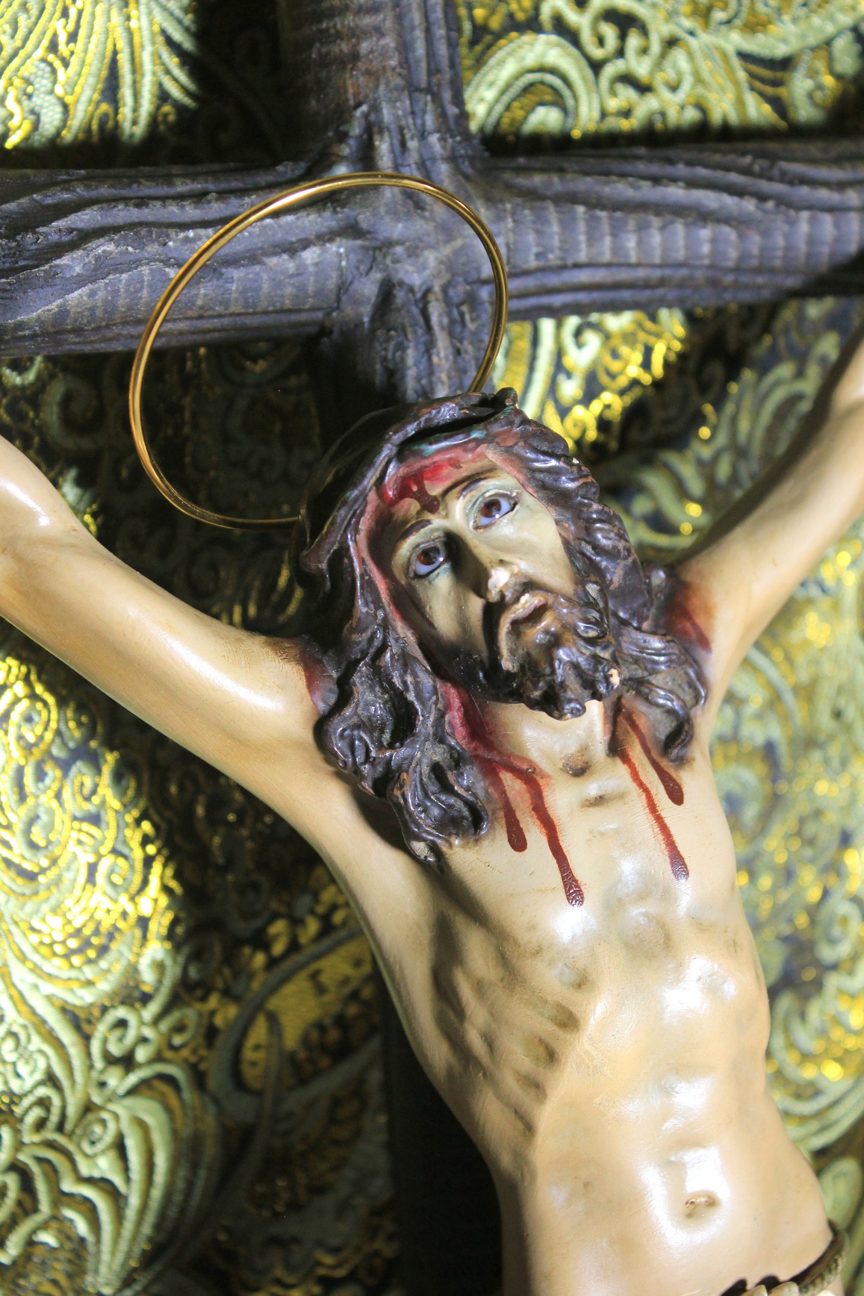 Gran Crucifijo de Cristo, Antiguo Crucifijo Escayola, Antigua Cruz Madera, Crucifijo Español, Crucifijo Cristiano, Ojos de Cristal - Imagen 2