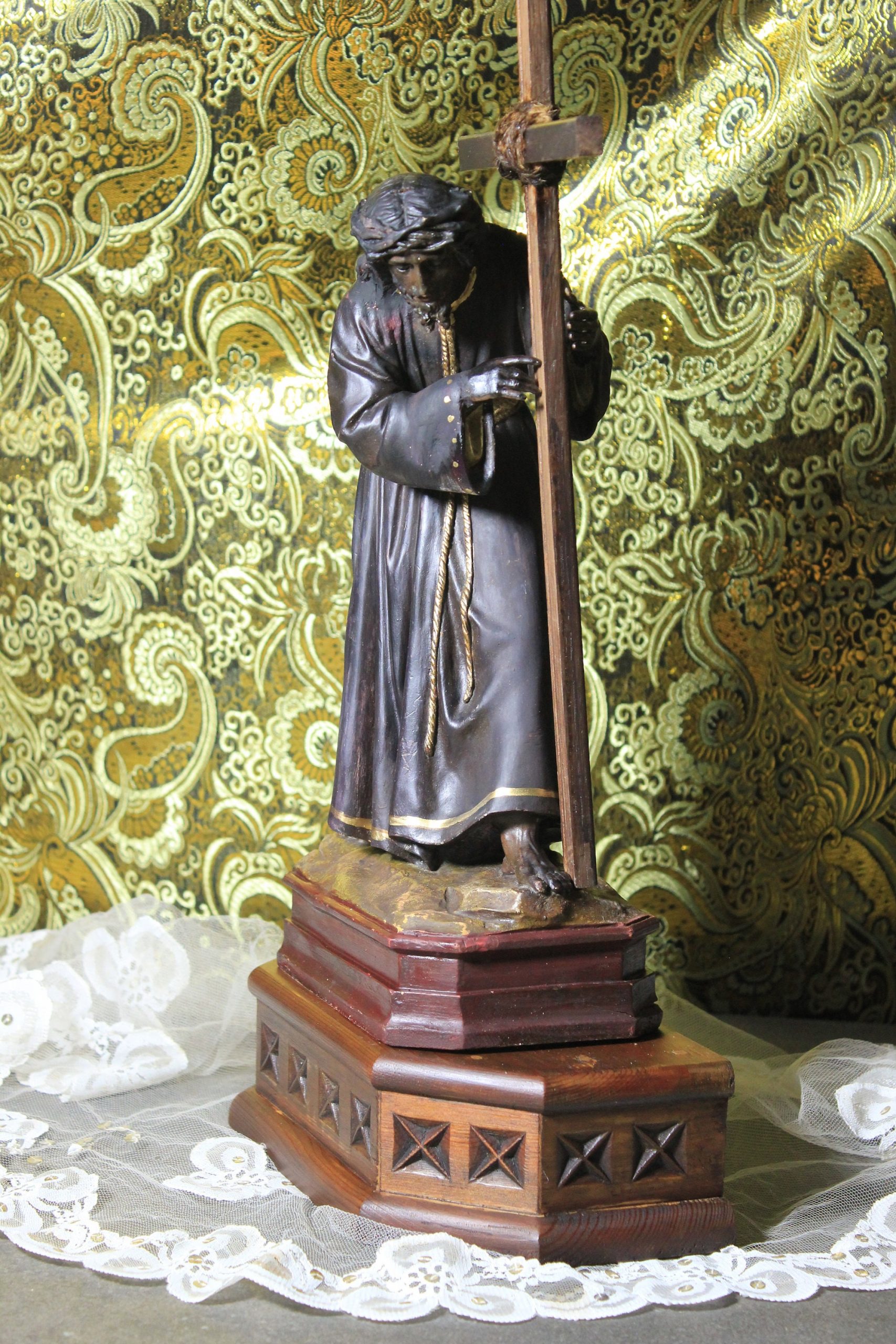 Estatua Jesús de Nazaret, Antiguo Cristo Nazareno, Antigua Escultura Jesús, Escultura de Jesús con la Cruz, Escultura Española Nazareno Olot - Imagen 8