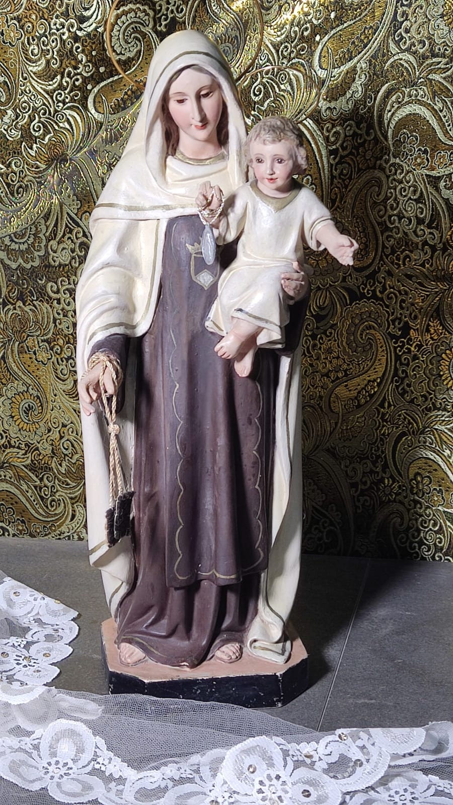 Estatua Virgen y Niño, Antigua Virgen del Carmen, Escultura Virgen, Virgen Carmen, Estatua Nuestra Señora, Estatua Madonna, Ojos Cristal - Imagen 5