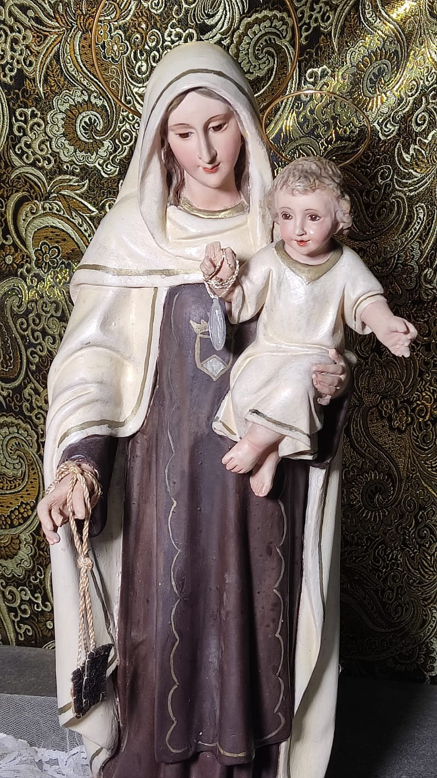 Estatua Virgen y Niño, Antigua Virgen del Carmen, Escultura Virgen, Virgen Carmen, Estatua Nuestra Señora, Estatua Madonna, Ojos Cristal - Imagen 7