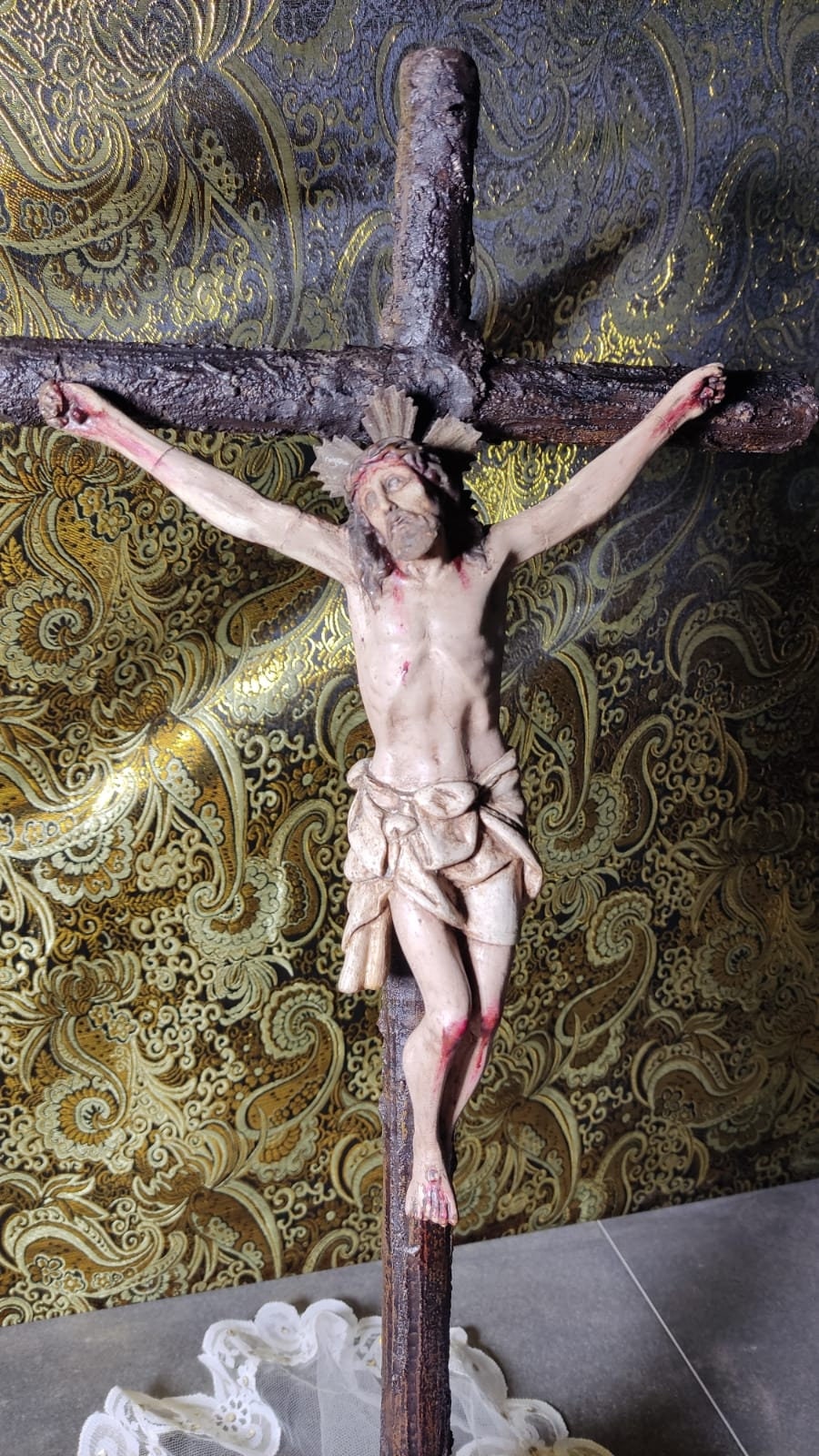 Antiguo Crucifijo, Ojos Pintados, Crucifijo Iglesia, Crucifijo Monte Carmelo, Crucifijo Escayola de mesa, Crucifijo Cristo, Cruz Madera - Imagen 3