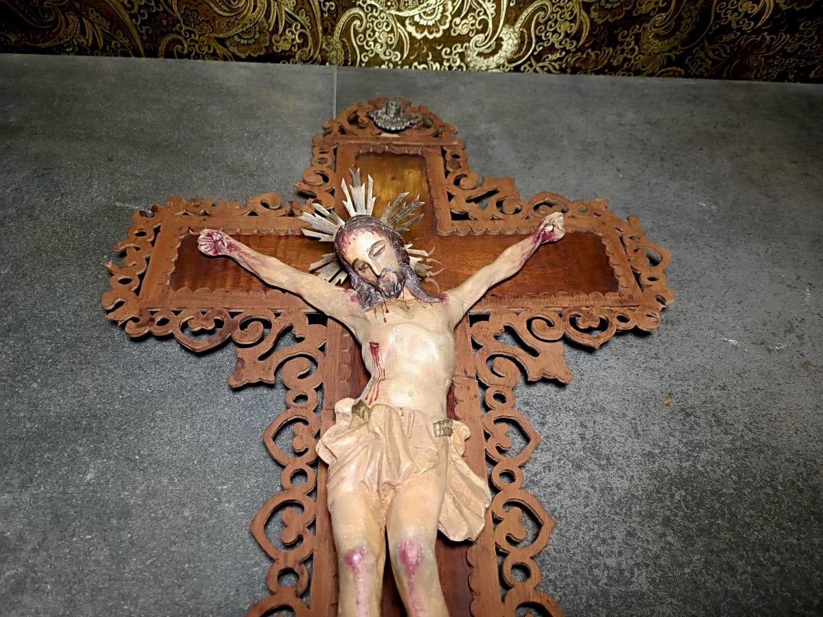 Crucifijo XIX, Talla Cristo, Antiguo Cristo Madera Policromado, Antigua Cruz Madera, Crucifijo Católico, Crucifijo Cristiano Español - Imagen 5