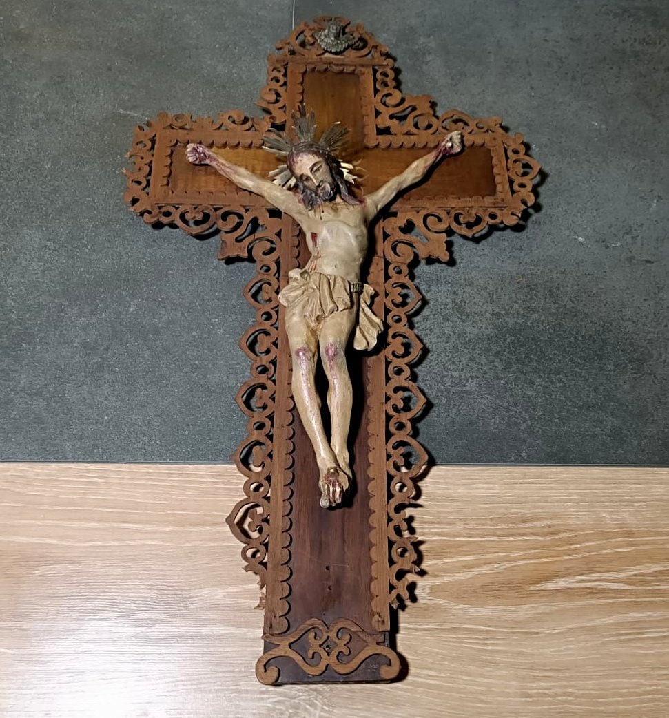 Crucifijo XIX, Talla Cristo, Antiguo Cristo Madera Policromado, Antigua Cruz Madera, Crucifijo Católico, Crucifijo Cristiano Español - Imagen 2