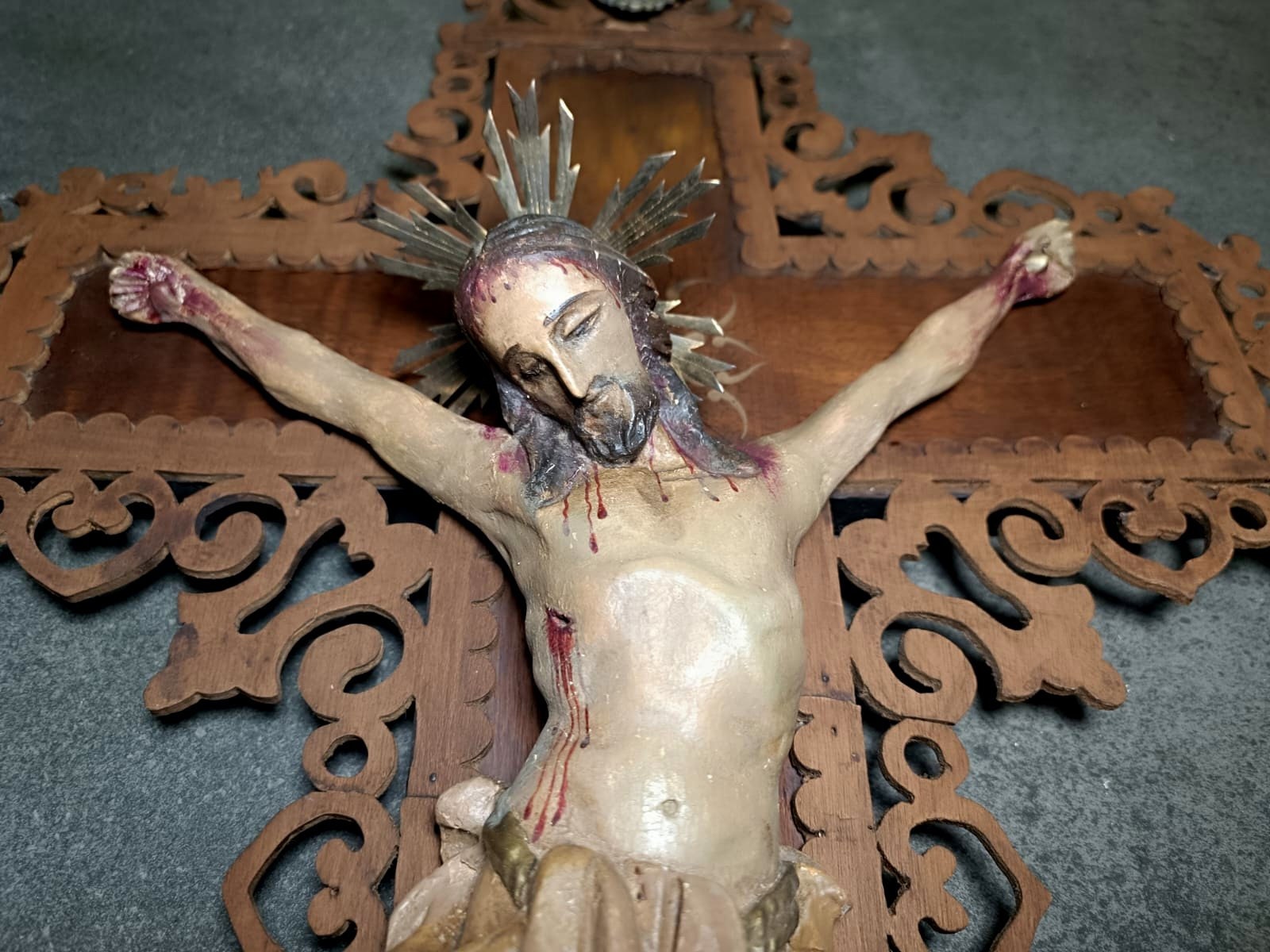 Crucifijo XIX, Talla Cristo, Antiguo Cristo Madera Policromado, Antigua Cruz Madera, Crucifijo Católico, Crucifijo Cristiano Español - Imagen 9