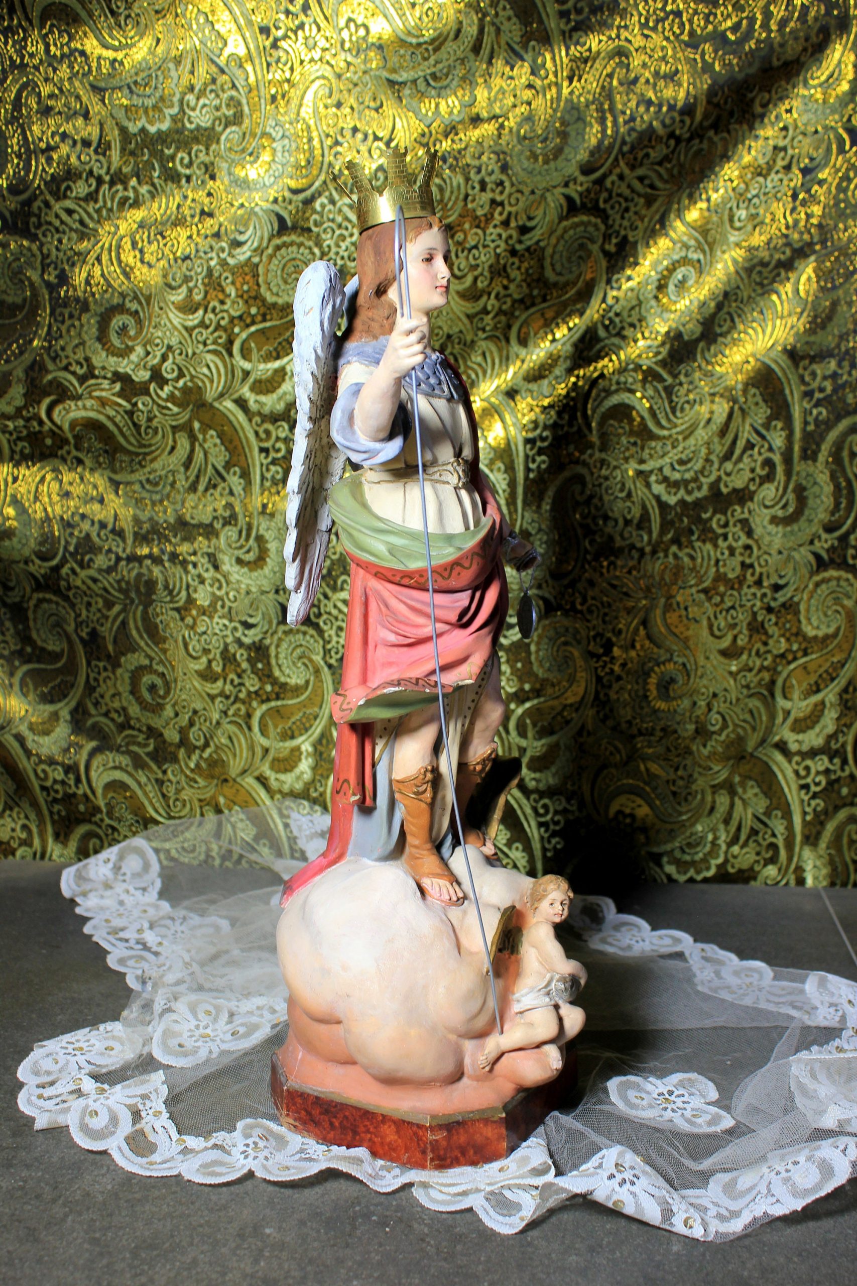 Escultura de San Rafael, , Estatua Escayola OLOT, Estatua Santo, Estatua Base de Madera, Antigua Escultura Santo, Ojos de Cristal, 40' - Imagen 6