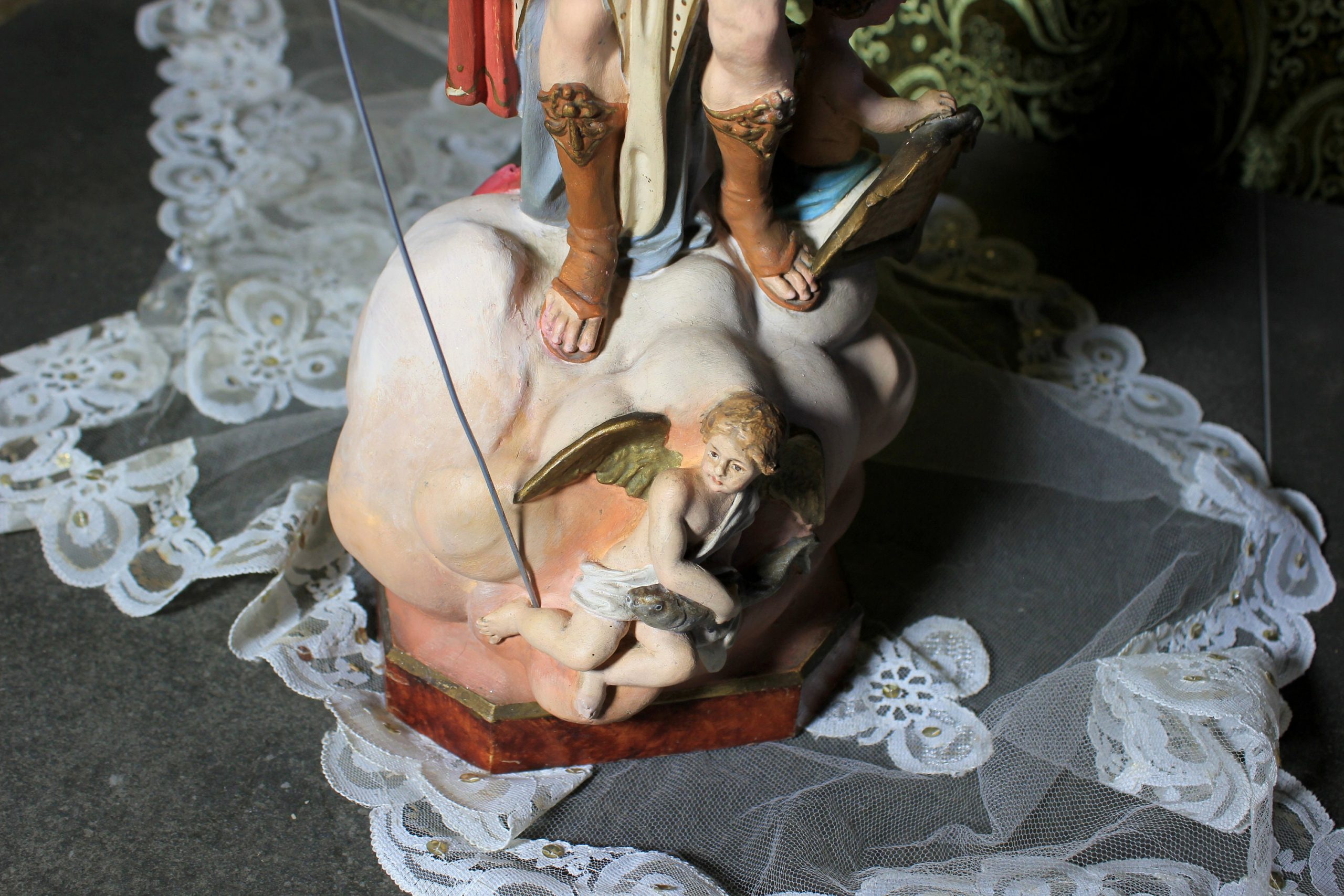 Escultura de San Rafael, , Estatua Escayola OLOT, Estatua Santo, Estatua Base de Madera, Antigua Escultura Santo, Ojos de Cristal, 40' - Imagen 8