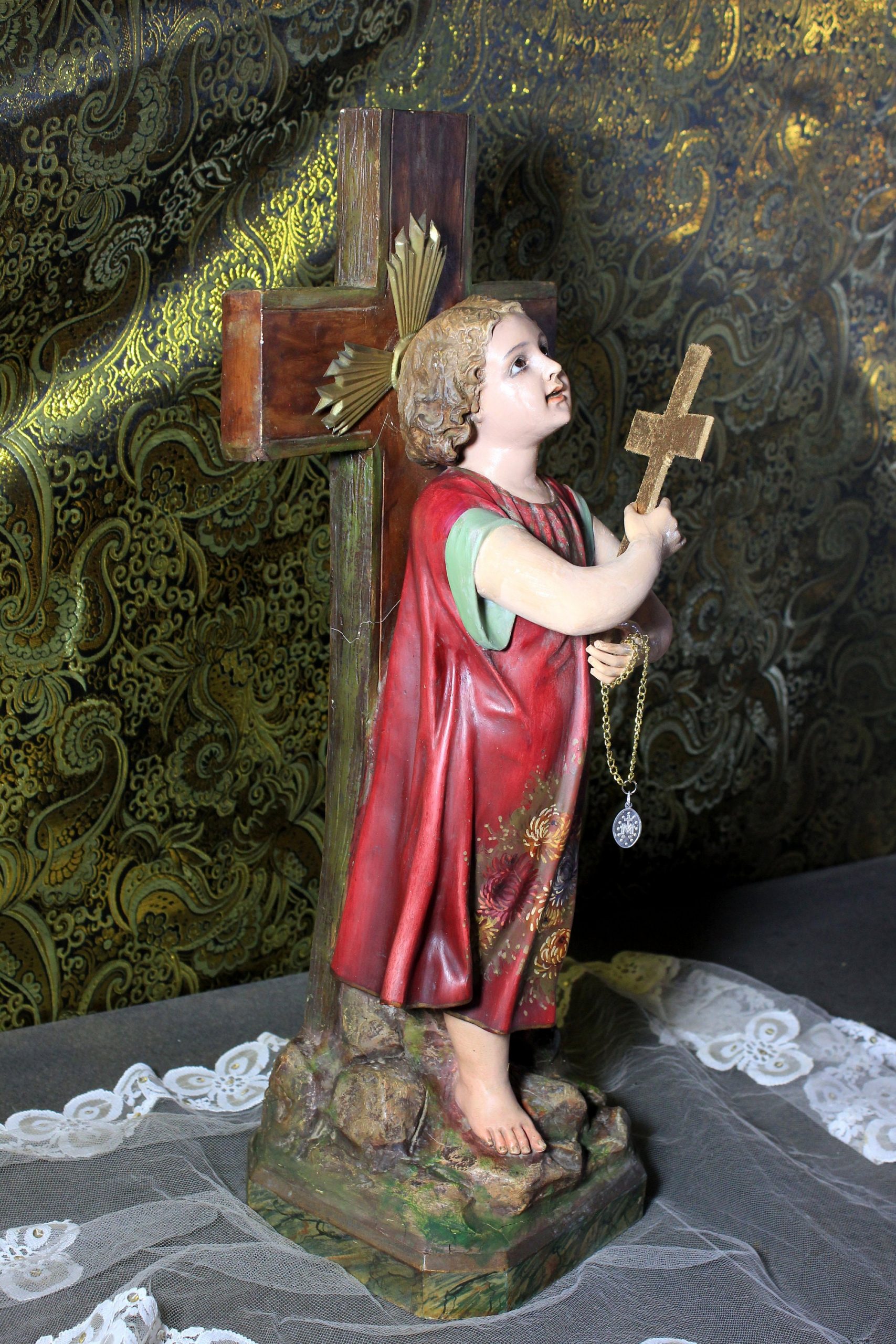 Gran San Juanito, San Juanito con Cruz, Ñiño Escayola, Escultura Religiosa, Antigua Escultura, Niño Ojos Cristal, Olot - Imagen 6