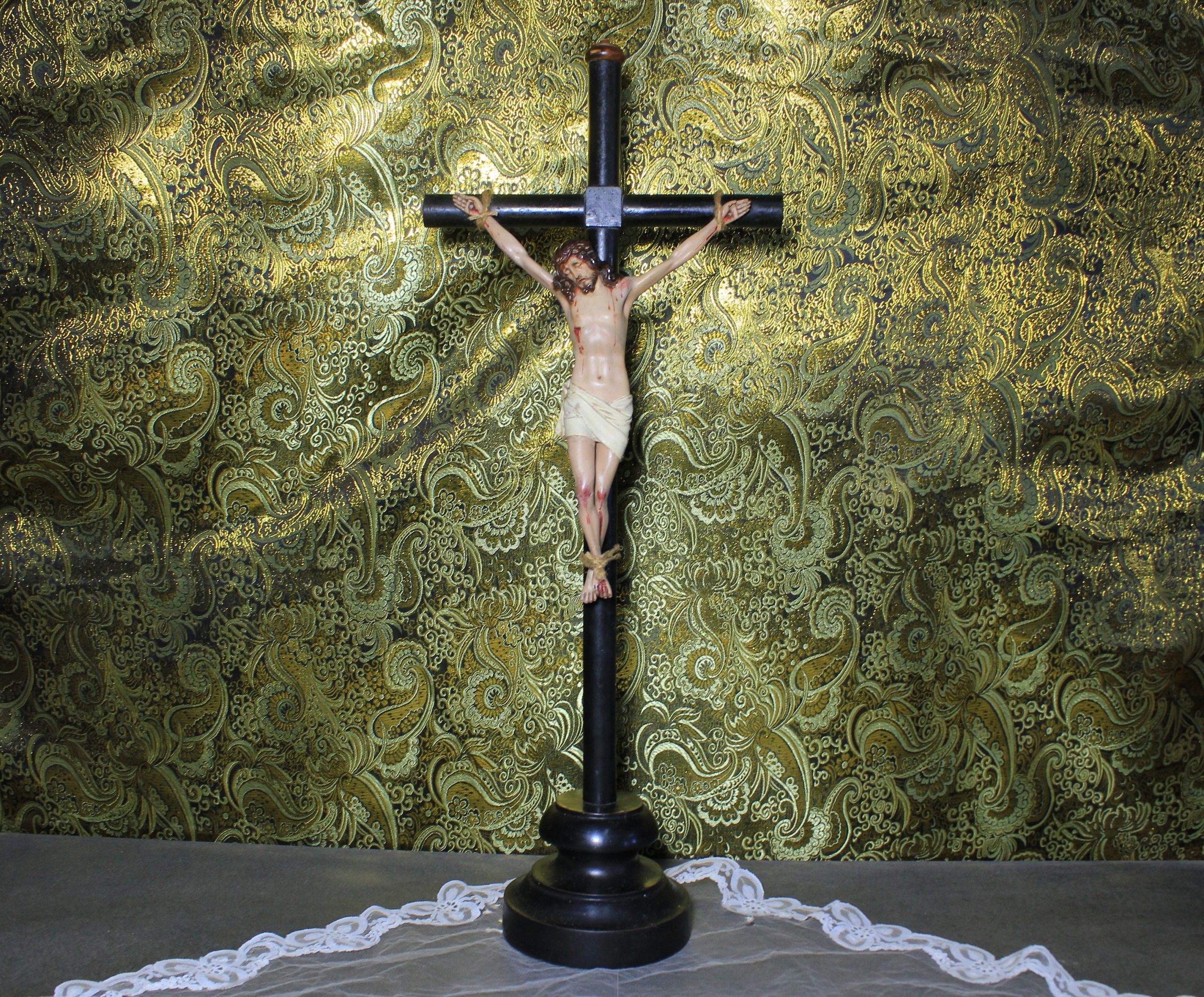 Antiguo Crucifijo, Cruz con Peana, Crucifijo de sobremesa, Crucifijo Escayola, Antigua Cruz Madera - Imagen 6