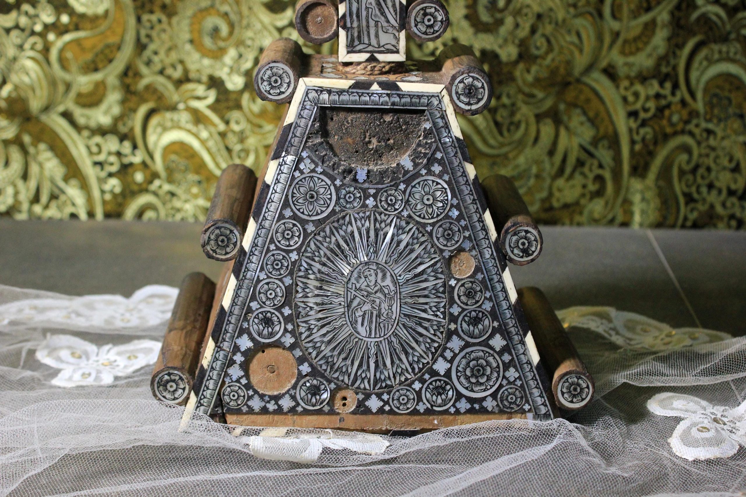 EXTREMADAMENTE RARO/ Cruz de madera con incrustaciones grabadas del XIX, Crucifijo con Base , Cristo , Crucifijo Jerusalen - Imagen 6