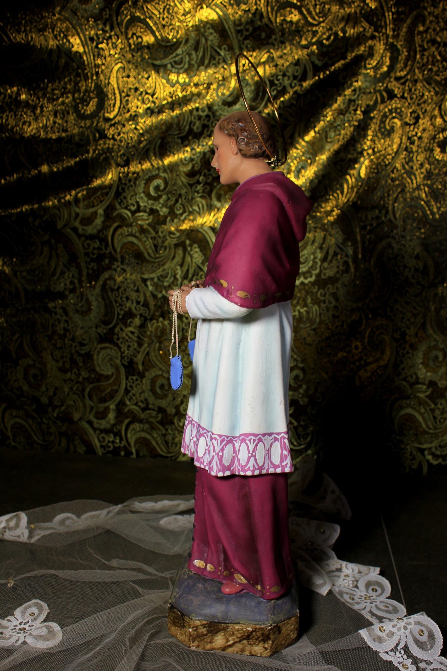 San Carlos Borromeo, Santo 46 cm, Escultura Santo Olot, Estatua Escayola Cataluña, Estatua Santo, Base Madera, Escultura Ojos Cristal. - Imagen 8