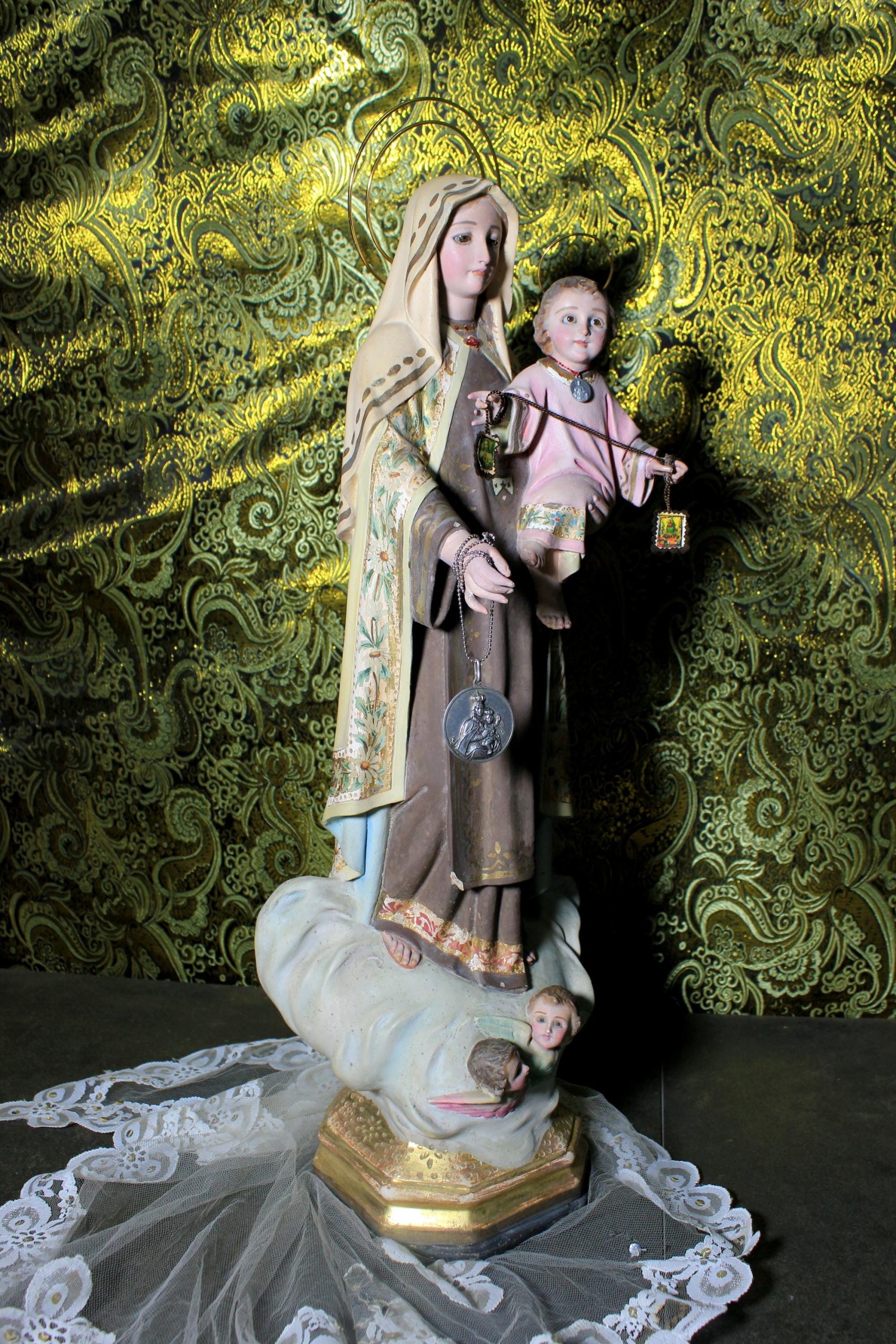 Estatua Virgen y Niño, Antigua Virgen del Carmen, Escultura Virgen, Virgen Carmen, Estatua Nuestra Señora, Estatua Madonna, Ojos Cristal - Imagen 5