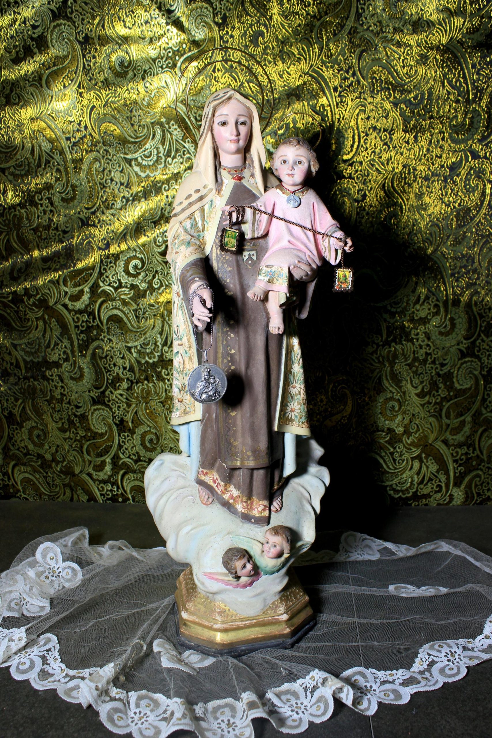 Estatua Virgen y Niño, Antigua Virgen del Carmen, Escultura Virgen, Virgen Carmen, Estatua Nuestra Señora, Estatua Madonna, Ojos Cristal - Imagen 8