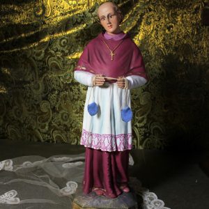 San Carlos Borromeo, Santo 46 cm, Escultura Santo Olot, Estatua Escayola Cataluña, Estatua Santo, Base Madera, Escultura Ojos Cristal.