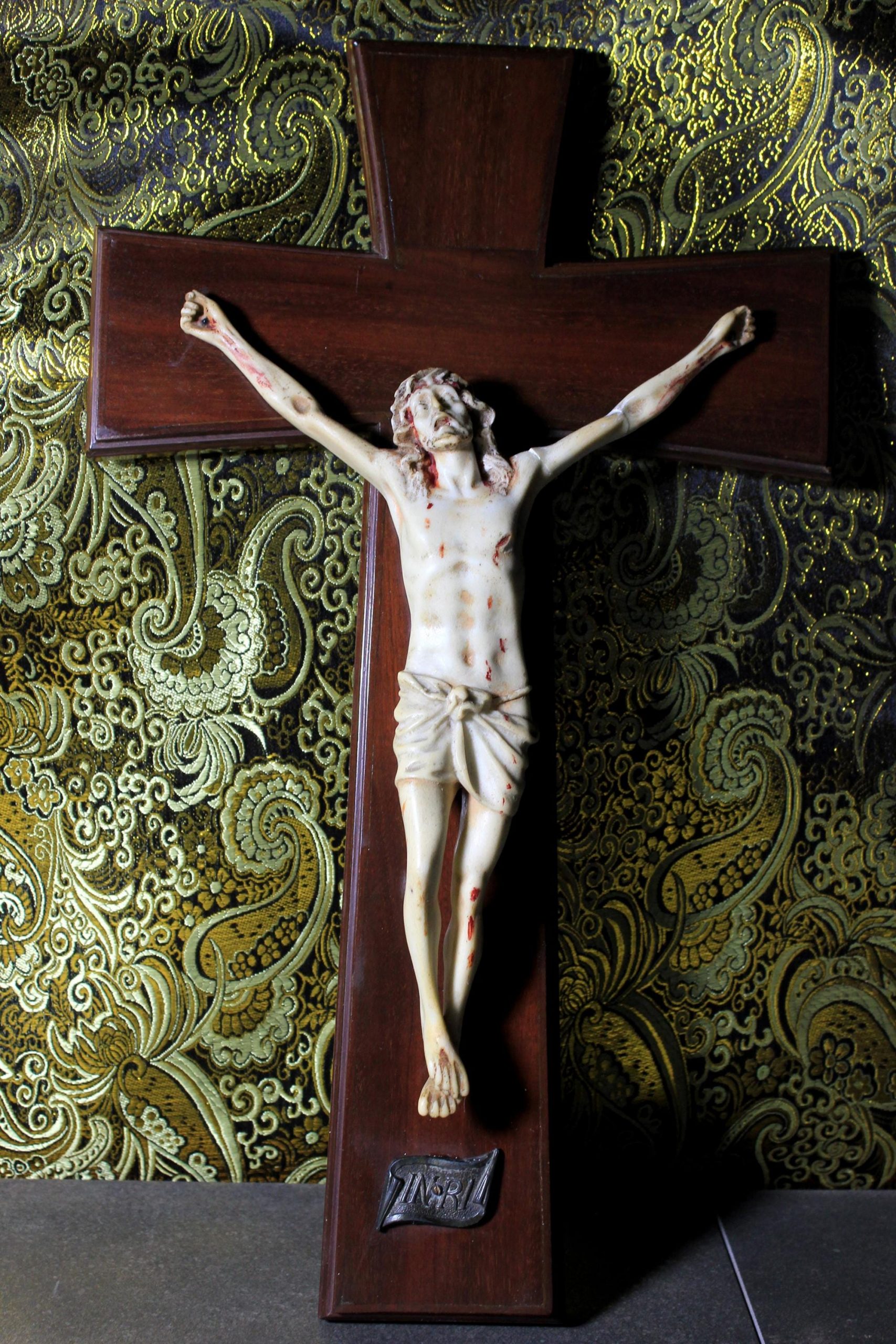 Antiguo Crucifijo , Crucifijo , Cruz Madera, Crucifijo Alabastro, Arte Funerario, Crucifijo Mármol, Crucifijo de Pared - Imagen 5