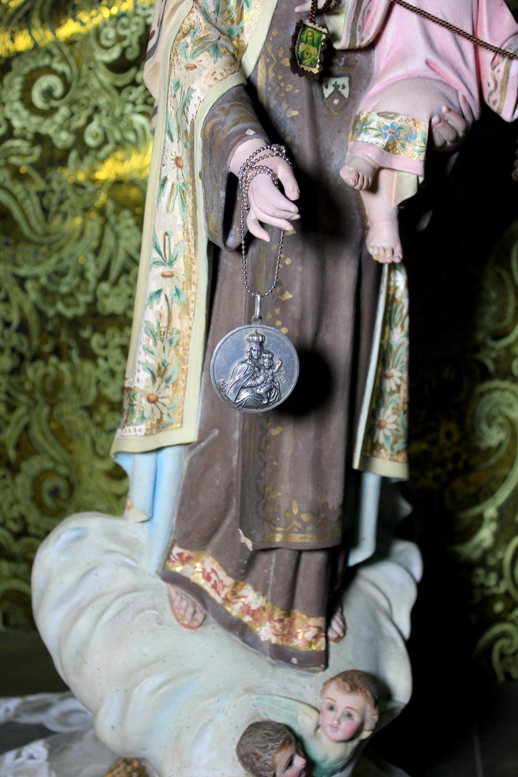 Estatua Virgen y Niño, Antigua Virgen del Carmen, Escultura Virgen, Virgen Carmen, Estatua Nuestra Señora, Estatua Madonna, Ojos Cristal - Imagen 3